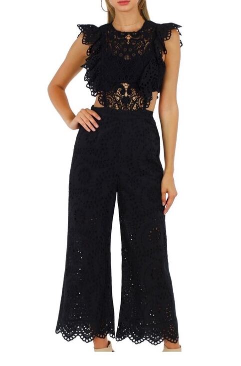 Nightcap Clothing Pants - Nightcap Clothing Apron Jumpsuit in Black size 2/S Eyelet Flutter Sleeve